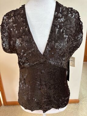 DKNYC Chocolate Brown Sequin Deep V Short Sleeve Top